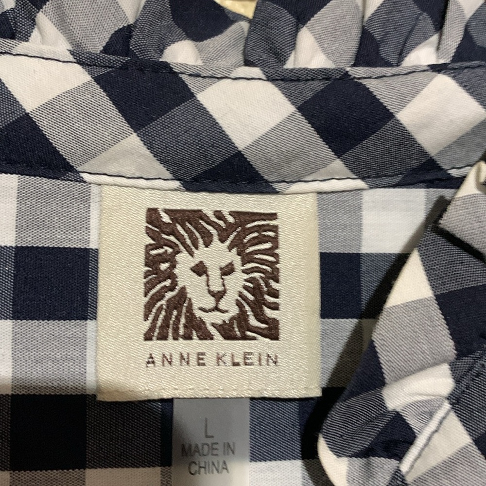 Anne Klein Navy and White Top Gingham Plaid Front Buttons 3/4 Sleeve Cotton - Picture 9 of 16
